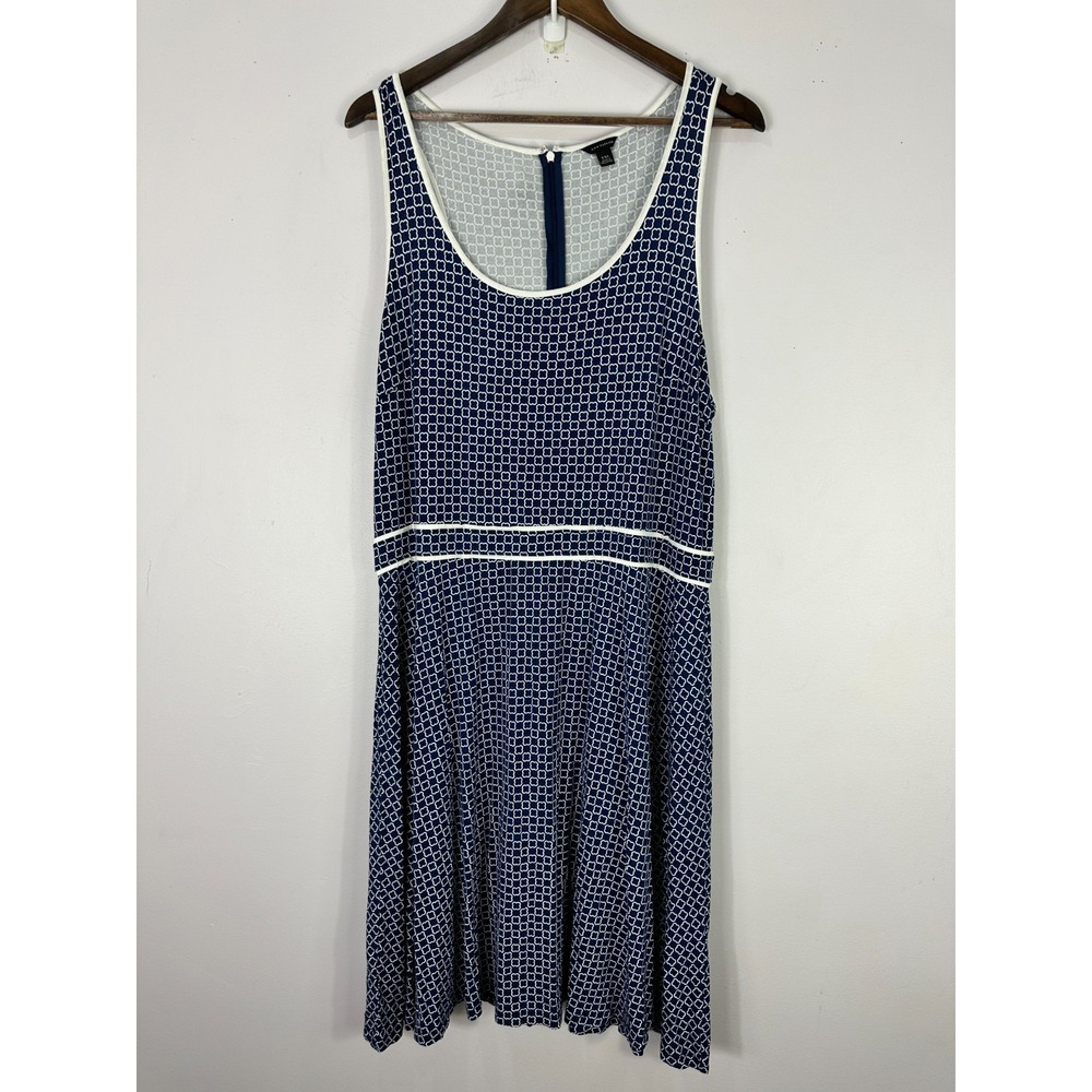Ann Taylor Dress XXL Navy Geometric Fit‎ Flare Preppy Quiet Luxury Coastal Chic